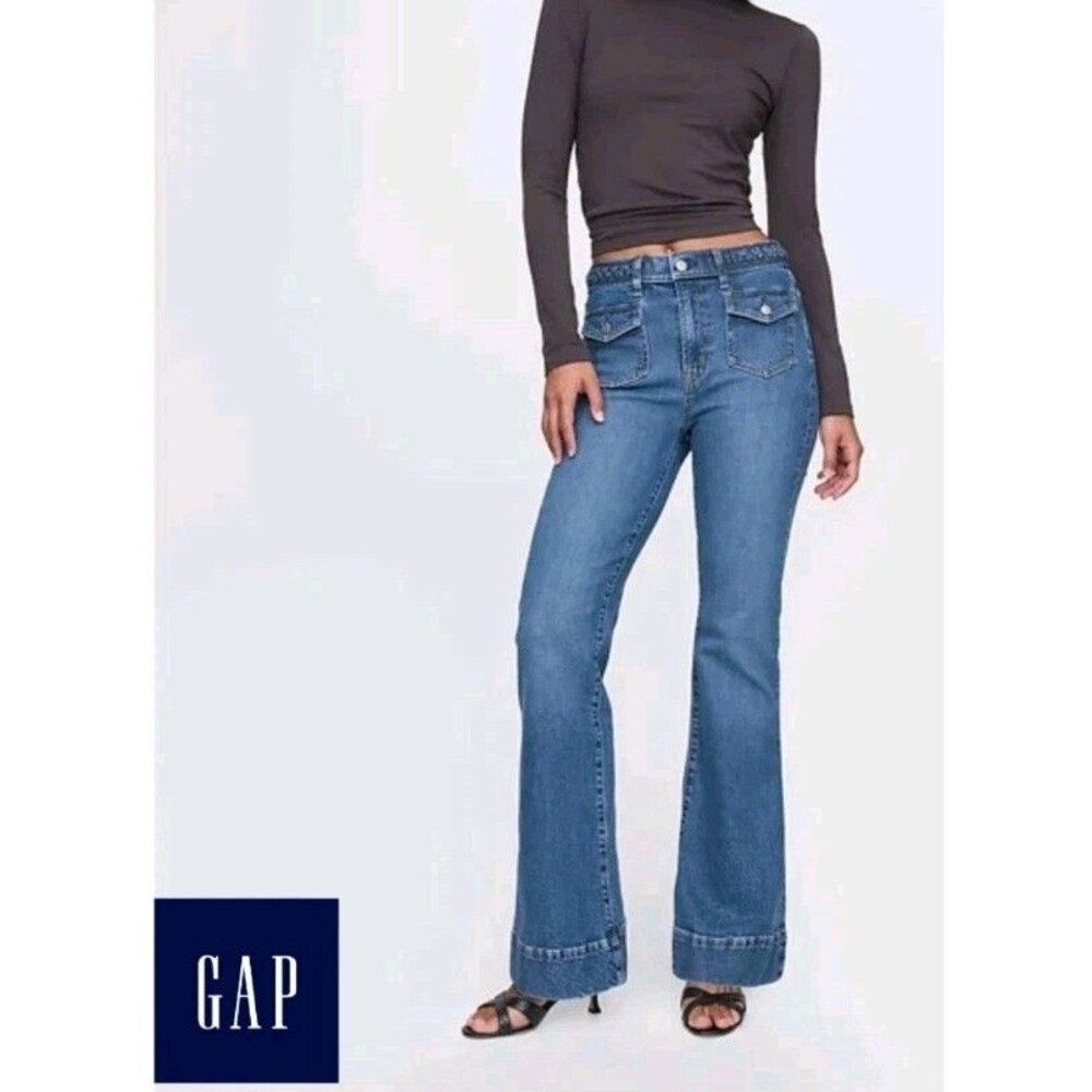gap Size 8R/29 Jeans 70s Flare High Rise braided waist Flap Pockets